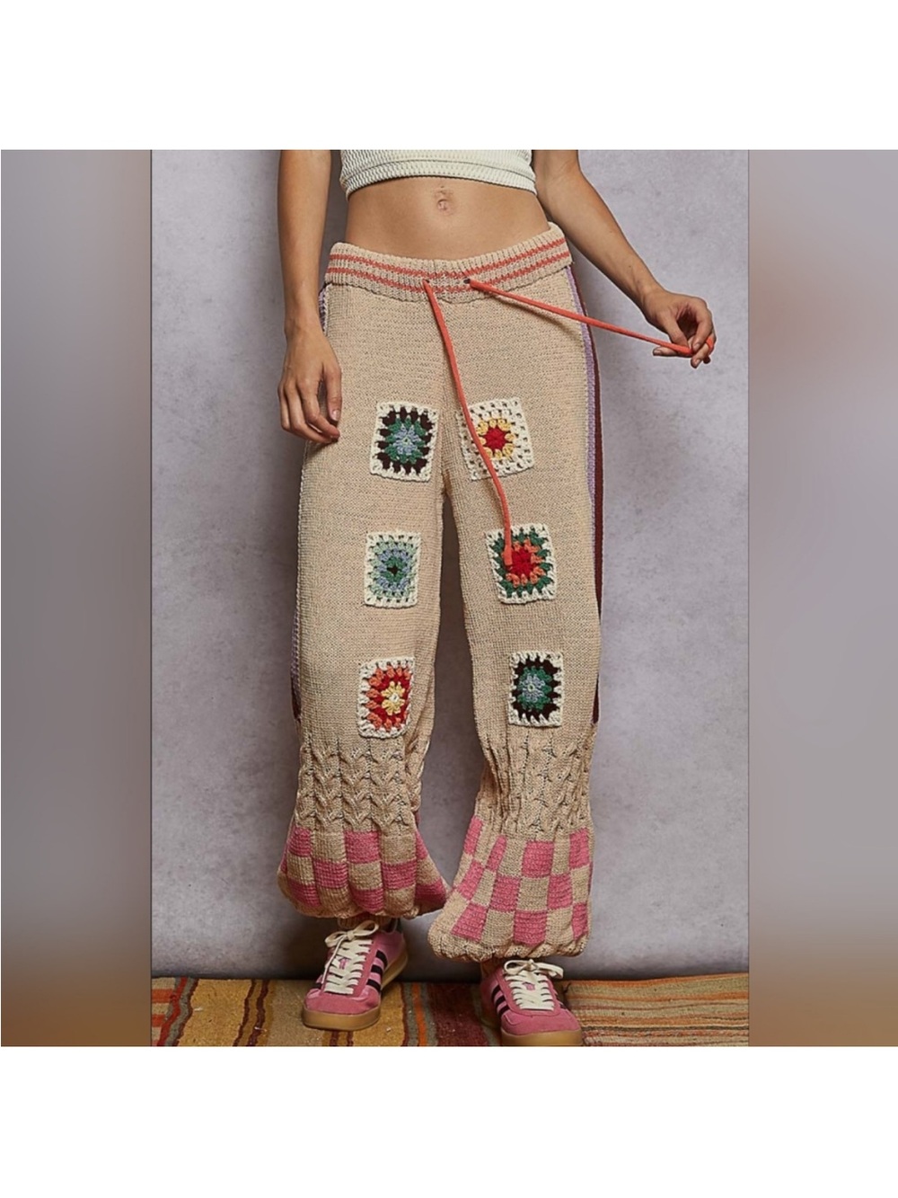 NWOT POL L Crochet Patchwork Wide-Leg Pants in Beige and Pink